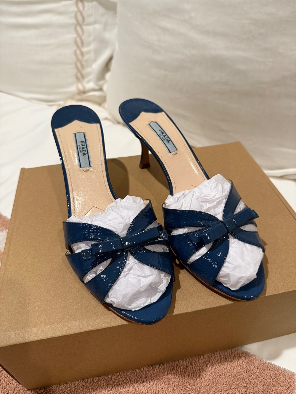 Prada Navy Patent Leather Bow Slip-On Mules